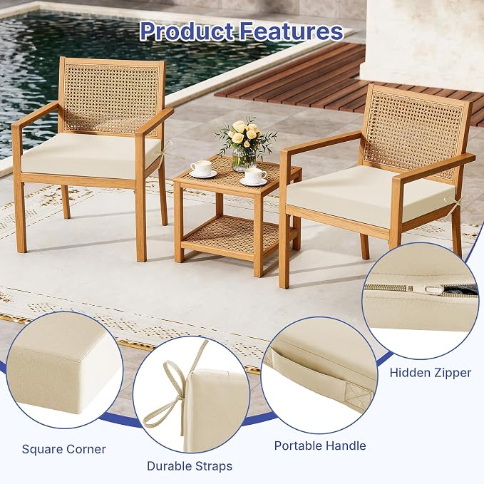 Outdoor Chair Cushions Set of 4 for Outdoor Patio Furniture, Waterproof Patio Seat Cushions with Handle & Ties, 3 Year Color Fastness Square Garden Sofa Couch Pads, 19" x 19" x 3", Beige