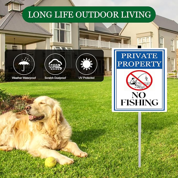 Private Property No Fishing Yard Sign With Stakes Do Not Fish Warning Signs Reflective Rustproof Aluminium Pool Lake Stand Outdoor 8X12 IN