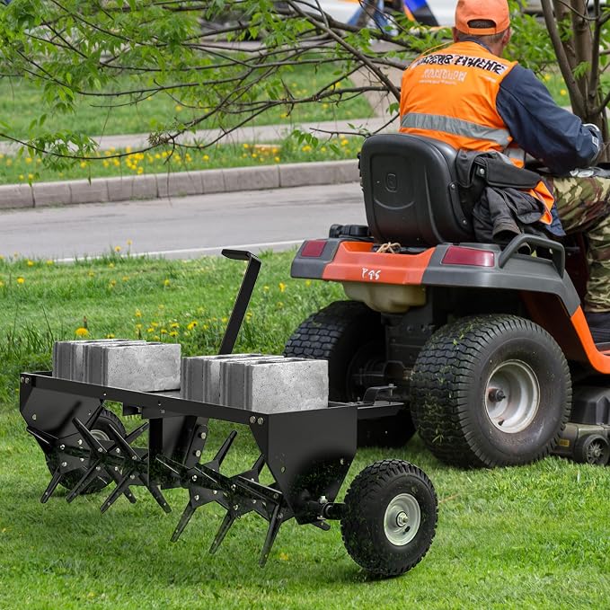 AUTOSAVER88 48" Tow Plug Lawn Aerator with Universal Hitch & Adjustable Handle for Lawn, Farm and Garden, Tow Behind Aerator with 32 Steel Tines & 10" Inflatable Wheels, Aerator Lawn Tool, Black