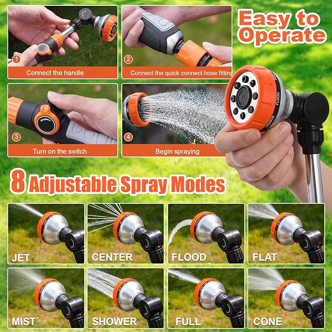 Hushee 2 Pack Garden Hose Wands 18.5inch Long Metal Watering Wands with 180° Swivel Head Adjustable 8 Spray Patterns Hose Nozzle Heavy Duty Flow Control for Tall Plants Hanging Baskets Car Lawn Wash