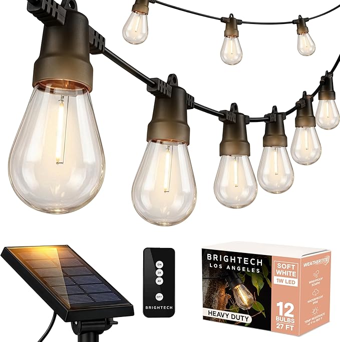 Brightech Ambience Pro Solar Powered Outdoor String Lights, 27ft Remote Control Commercial Grade Waterproof Patio Lights, 12 Edison Bulbs, Shatterproof LED String Lights for Outside - 1W Soft White