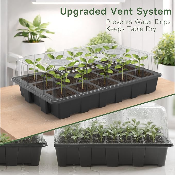 Gardzen 10-Pack Seed Starter Kits, Reusable Plant Germination Trays with Total 150-Cell, Seed Starter Tray with Humidity Vented Domes and Bases for Starting Vegetable Flower Herb Seeds 15" x 9", Black