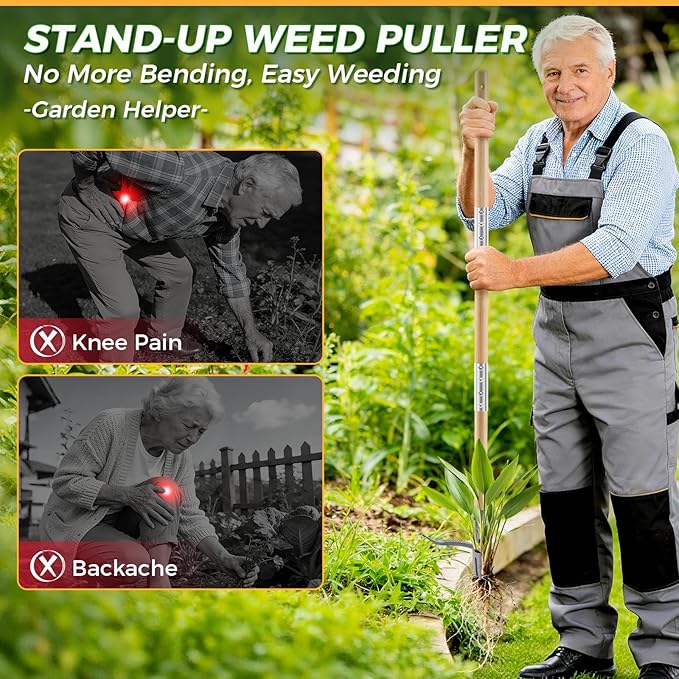 Weed Puller Tool, Stand Up Heavy Duty Weed Remover Tool with Long Handle – 4-Claw Steel Head Weeder for Dandelions, Bamboo Garden Hand Weeding Tool, No Kneeling for Easy Root Removal