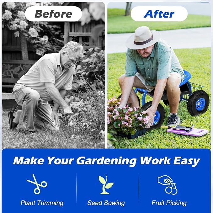 S AFSTAR Rolling Garden Seat, Outdoor Lawn Yard Patio Work Swivel Seat with Heavy Duty Wheels, Tool Tray & Basket, Garden Cart Wagon Scooter (Blue)