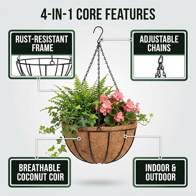Kingbuy 14" Metal Hanging Basket with Coconut Liner – 6.5" Depth, Rust-Resistant Wire for Ferns & Herbs, Adjustable Chains & S-Hook for Balcony Porch Kitchen Window, 2 Pack
