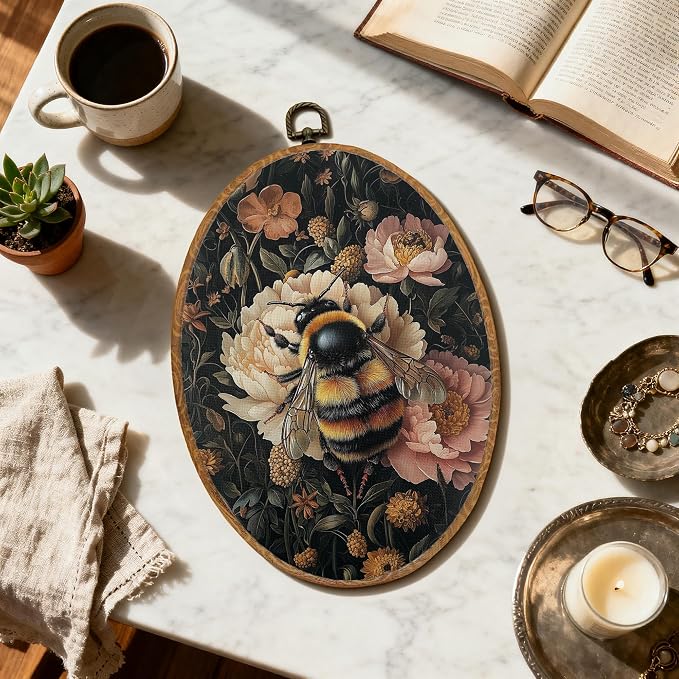 DOFQZ Vintage Floral Bee Oval Wall Art Decor, Dark Cottagecore Flower Bumblebee Framed Wall Art, Retro Botanical Canvas Wall Hanging Decor for Home Bedroom Living Room,8.5x11.5 Inch