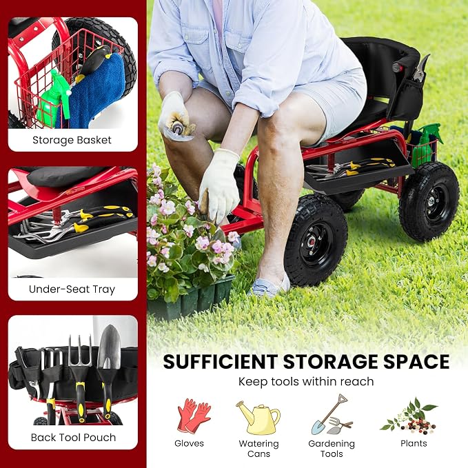 IRONMAX Garden Cart with Seat, Gardening Rolling Stool Scooter with All-Terrain Wheels, Adjustable Steering Handle & Removable Cushion for Planting, Outdoor Gardening Work Seat for Patio, Yard (Red)