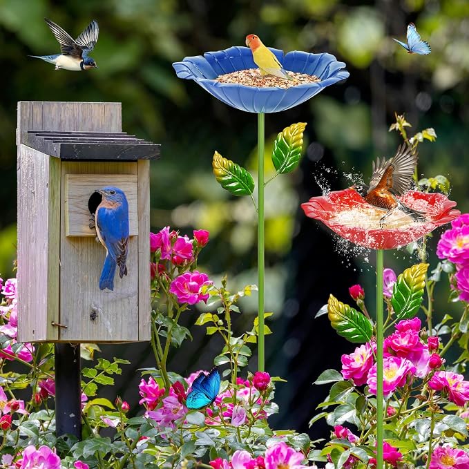4 Pack Bird Baths for Outdoors, Colorful Metal Bird Bath for Outside, Hummingbird Bath with Five Stakes, Garden Flower Small Birdbath for Garden Decor (Royal Blue,Pink,Cyan,Deep Red)