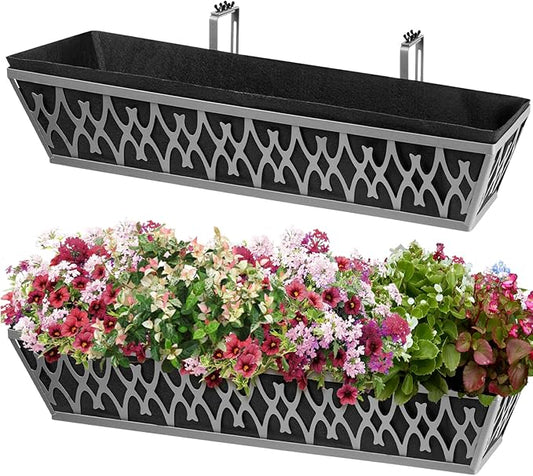 2 Pack 30 Inch Window Boxes Planters Railing Planter Box with Adjustable Brackets & Non-Woven Fabric Plant Grow Bags Deck Railing Planter Boxes Balcony Hanging Flower Box for Outdoor Plants