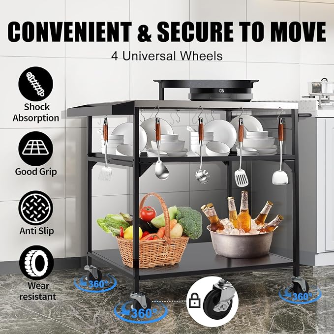 Outdoor Pizza Oven Table, Outdoor Grill Table with Waterproof Cover, Movable Dining Cart Tables with Wheels, Kitchen Cooking Prep Tables BBQ Cart for Home Party, Bar,Camping