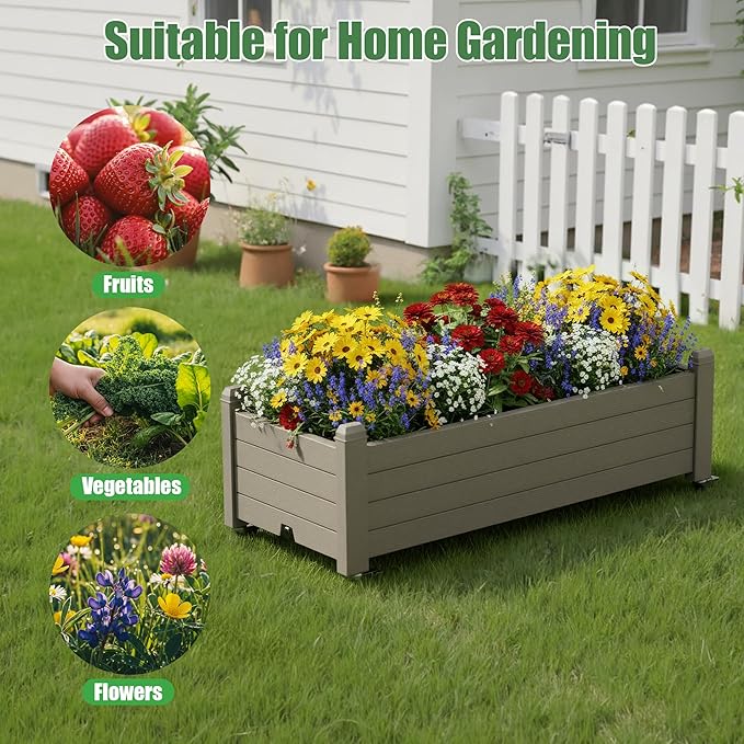 Raised Garden Bed with Wheels Outdoor, Resin Planter Box with Drain Hole and Water Level Detector for Backyard, Patio, Balcony, Gray(13.3" H)