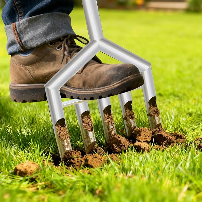 Manual Push Core Aerator Lawn Tool: Semi-Assembled Lawn Aerator with 4 Hollow Tine - Yard Aeration Tool for Lawn Grass Plug Air Aerators, Handheld Lawn Care Coring Soil Aerator