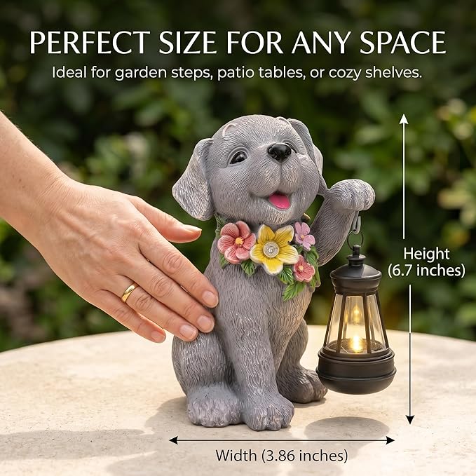Dog Solar Light, Solar Dogs Statues Outdoor with Lantern, Cute Dogs Garden Figurines for Patio and Yard Decor, Gardening Gifts for Mom, Grandma, Dog Lovers