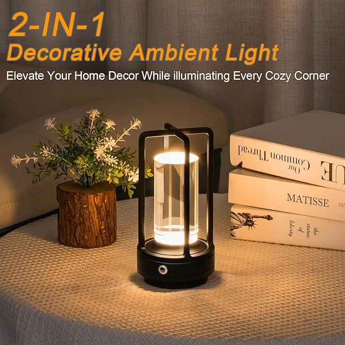 Cordless Table Lamp Rechargeable, Battery Operated Crystal Lamp, Stepless Dimming Touch Control, 3 Color LED Bedside Night Light for Bedroom, Dining Room, Outdoor Camping, Black (2 Pack)