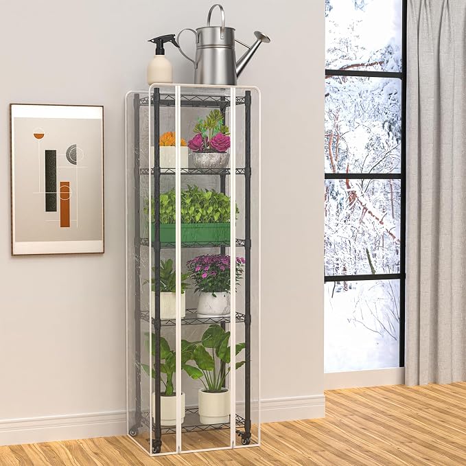 Mini 5-Tier Greenhouse for Indoor ,15.7" L×11.8" W×62.3" H | Portable Greenhouse with Wheels，Clear PVC Cover and Metal Shelf，for Growing Flowers and Seedlings