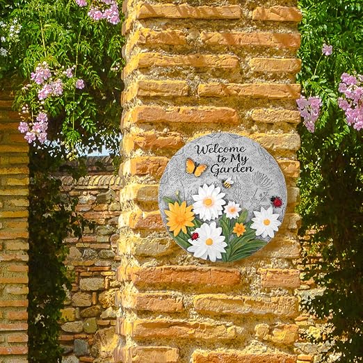 Resin Daisy Stepping Stone, Bees Butterfly Ladybug Welcome to My Garden Decorative Garden Step Stones for Yard, Patio or Walkway Wall Hanging Decor - Outdoor or Indoor Home Decoration