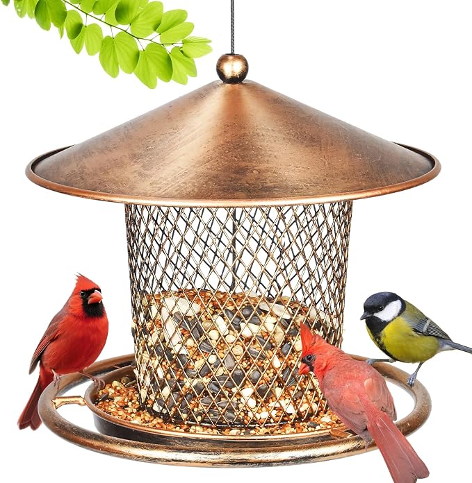 Bird Feeder, Weatherproof Wild Bird Feeders for Outdoors, Birds Feeding Station Metal Round Roof Birdfeeder for Garden Yard Outside Hanging Decor