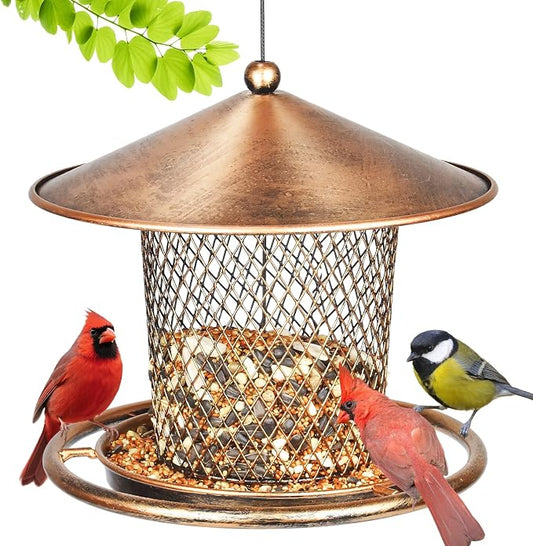 Bird Feeder, Weatherproof Wild Bird Feeders for Outdoors, Birds Feeding Station Metal Round Roof Birdfeeder for Garden Yard Outside Hanging Decor