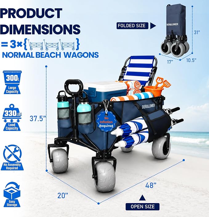 X800 Heavy Duty Beach Wagon with 9x4 Sand-Proof All-Terrain Wheels, 300L Oversized Foldable Wagon Cart with Side Bag, All-Terrain Utility Wagon for Beach Essentials, Sport, Camping (Navy Blue)