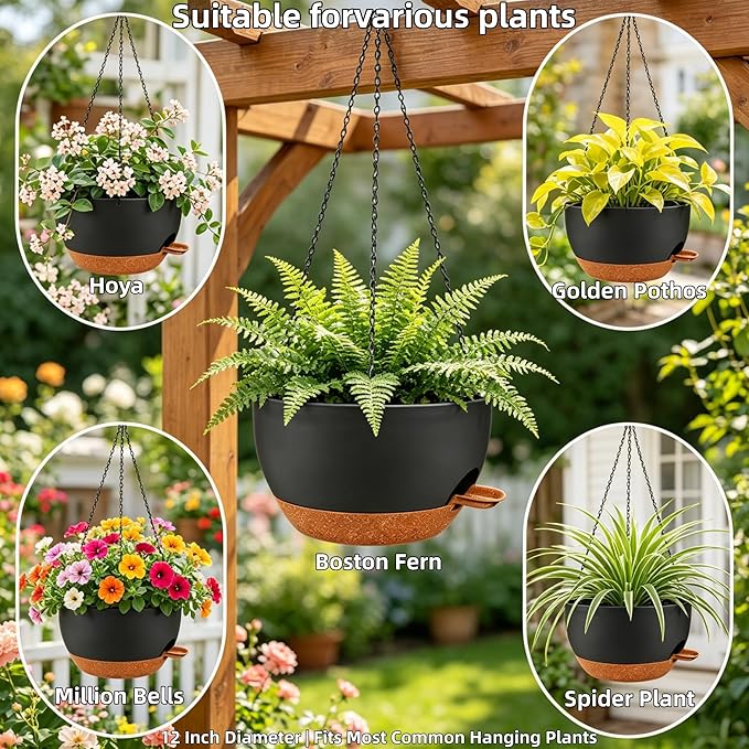 2 Pack 12" Self Watering Hanging Planters, Black Brown with Chains | Plastic hanging baskets with 43 Oz removable reservoir, for indoor outdoor plants, patio porch garden balcony decor