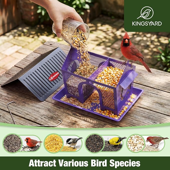 Kingsyard Bird Feeder for Outdoors Hanging, Dual-Use Metal Mesh Wild Bird Feeders with Seed Tray & Weatherproof Roof, 3 lbs Large Capacity, Purple