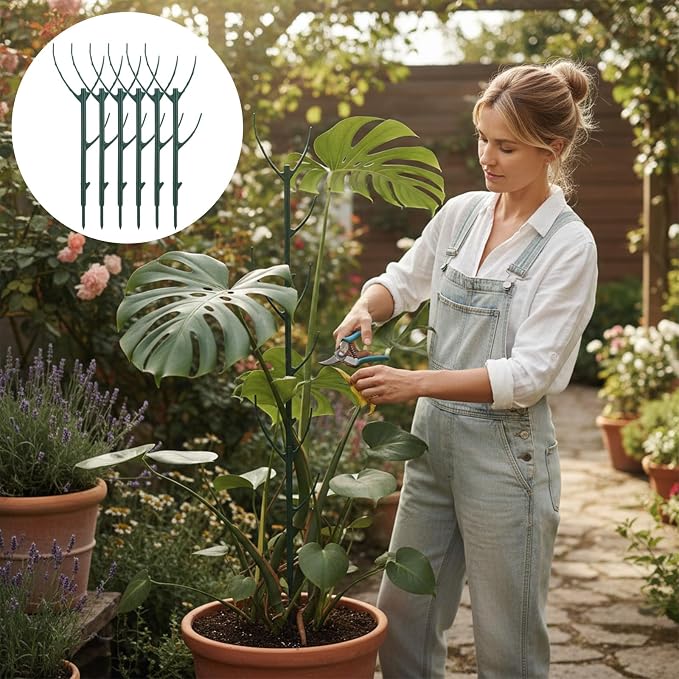 Nogeqi 6 Pack Stackable Plant Support Stakes, Plant Stem Support Sticks Structures Pole with Half Round Supporting Rings for Monstera Trellis Indoor Outdoor Garden Accessories