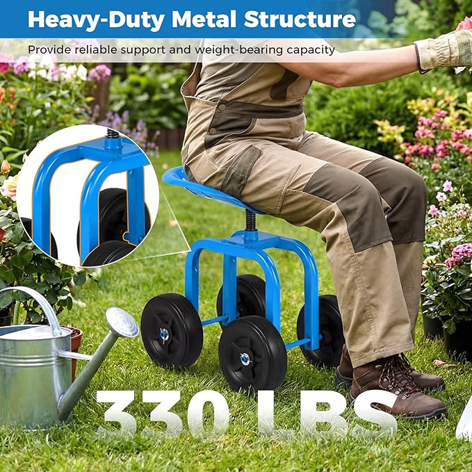 Rolling Garden Seat, Garden Cart with 360° Swivel Work Seat & Adjustable Height, Heavy Duty Garden Seat with Wheels for Lawn Yard Patio Greenhouse Planting Cleaning (Blue)