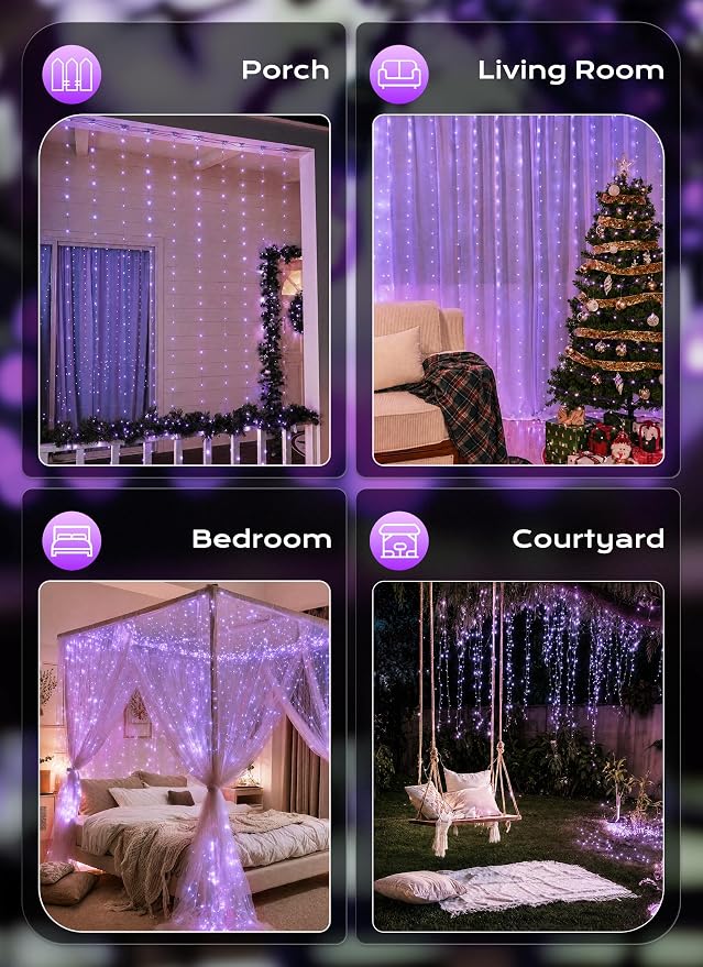 Brightown 300 LED Purple Fairy Curtain Lights, 9.8ft x 9.8ft String Lights, USB Plug in 8 Lighting Modes Christmas String Hanging Lights with Remote for Bedroom Indoor Outdoor Party Xmas Purple 1 Pack