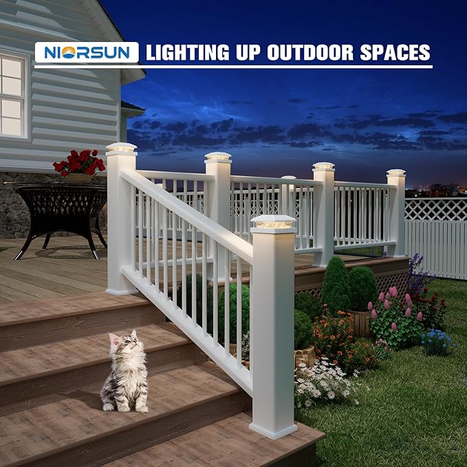 NIORSUN Solar Post Lights Outdoor, Fence Post Solar Lights Warm White, Waterproof, Garden Patio Fence Deck Decor, 4x4 Posts Cap Wood Vinyl, 5x5 Vinyl, White 6 Pack