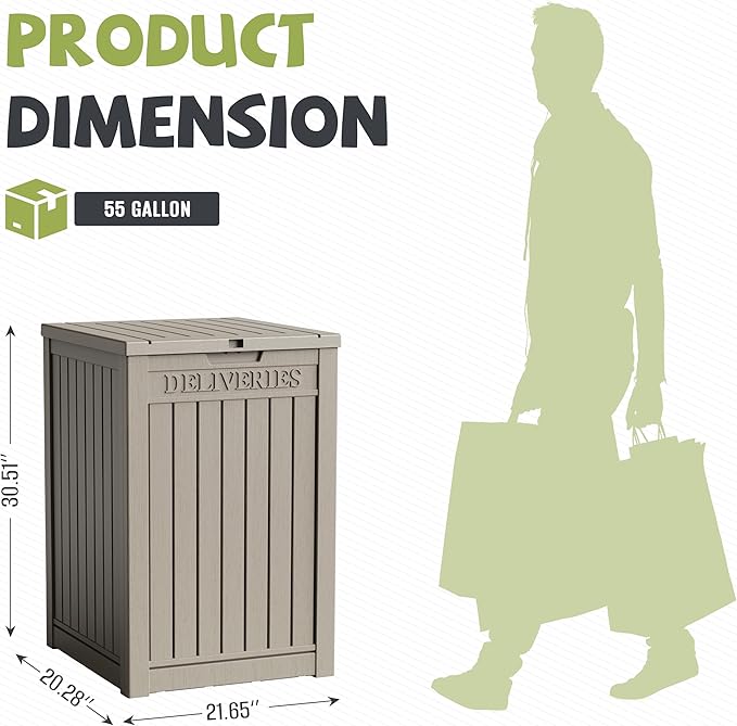 55 Gallon Package Delivery Boxes Outside Secure Waterproof Resin UV Resistant Lockable Mail Parcel Drop Mailbox Storage Deck Box for Outdoor Porch Patio Grey