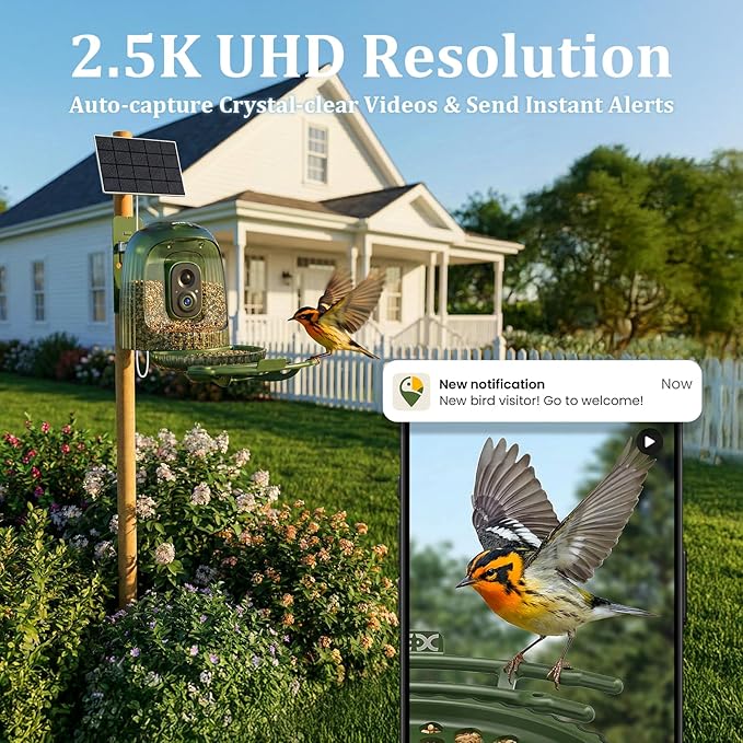 HIXX Smart Bird Feeder with Camera, Auto Capture 2.5K Video, AI Bird Identification, No Mess Seed Guard, Solar Powered Night Light, Live Birdwatching Camera for Dad, Grandpa, Birdlovers