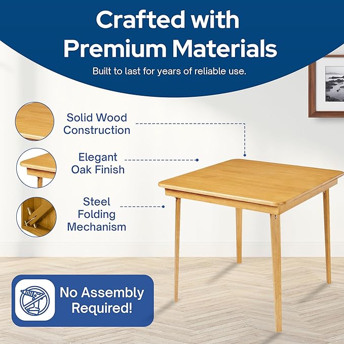 Stakmore Classic Straight Edge Square Wood Folding Card Table, 32" x 32", Oak - Foldable Wooden Tabletop Furniture for Cards, Board Games, Dining, and Extra Seating