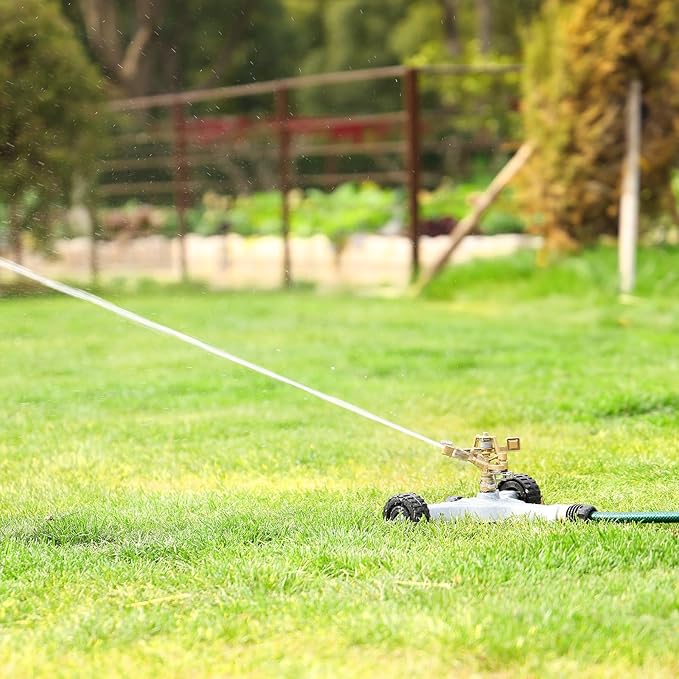 RESTMO 2 Pack Heavy Duty Full Metal Pulsating Sprinkler with Wheeled Base, 360° Rotating Impact Sprinkler for Large Area Lawn & Yard Irrigation, Adjustable Zinc Alloy Head for Flexible Coverage