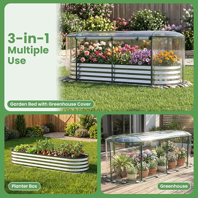 Giantex Raised Garden Bed w/Greenhouse Cover, Outdoor Oval Metal Steel Planter Box w/Roll-up Window, Clear PVC Mini Greenhouse for Vegetables Flowers Herbs Outdoor Patio Gardening, 6x2x1 FT (Silver)