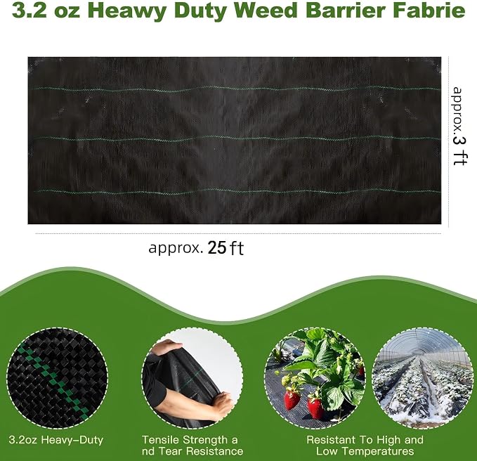 Approx.3FT×25FT Weed Barrier Fabric,Landscape Fabric,3.2oz Weed Barrier Fabric Heavy Duty,Weed Control Garden Cloth,Woven Geotextile Fabric for Garden Beds, Underlayment, with 8 U-Securing Pegs