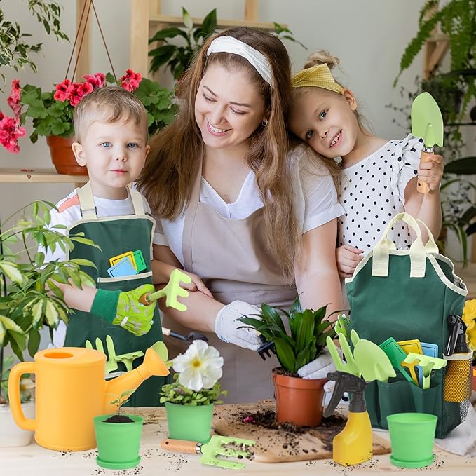 CUTE STONE Kids Gardening Tool Set, 20PCS Gardening Toys Includes Metal Rake,Fork,Trowel,Apron,Gloves,Watering Can,Tote Bag and Strickers, Garden Tool Kit for Kids, Outdoor Toys Gift for Boys Girls