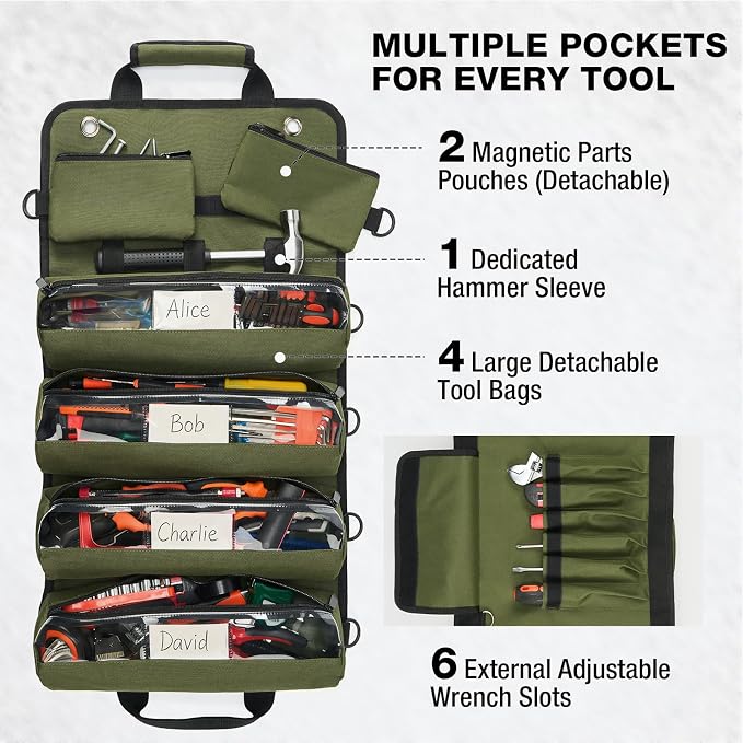 HISEA Roll Up Tool Bag, Heavy Duty Tool Storage Large-Capacity, 27"*14" Portable Tools Organizer with Utility Detachable Pouches, Waterproof Tool Roll Bag for Mechanic, Electrician, Gifts