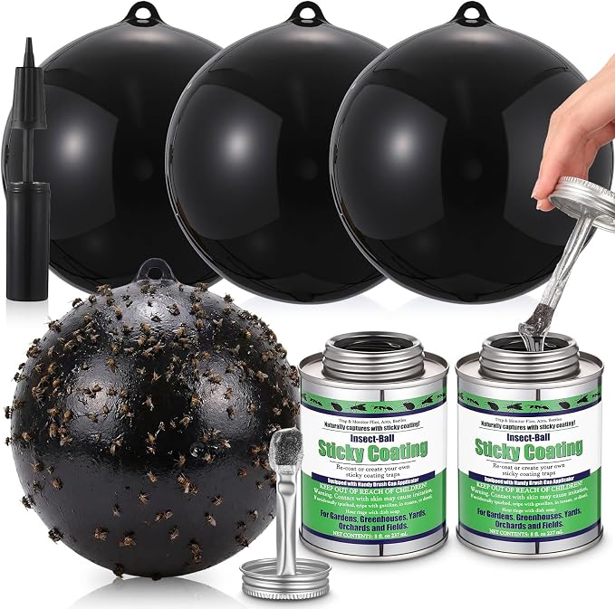 4 Pcs Large Fly Trap Balls Hanging Fruit Fly Traps Outdoor Adhesive Insect Balls with 2 Pcs Sticky Coating Glue Air Pump Insect Catch Sticky Bug for Farm Orchard Deerflies Mosquito (Black)