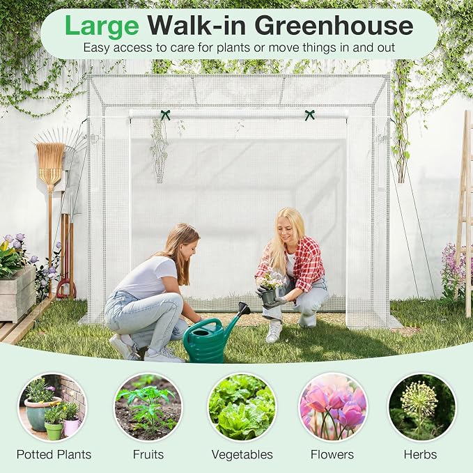 Giantex Walk-in Greenhouse, 4 Ground Stakes & Ropes, Outdoor Portable Mini Greenhouse w/ PE Cover, Heavy-Duty Metal Frame, Roll-up Zipper Door, Double-Layer Screen Windows, 6.6 x 2.5 x 5.6 FT
