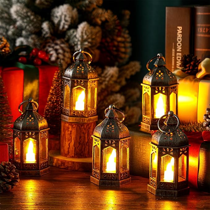 Hortsun 24 Pcs Vintage Lanterns Mini Lantern for Wedding Table Centerpiece Retro Decor with LED Candle Battery Powered Hanging for Medieval Wedding Cowboy Halloween Party Decoration Supplies(Silver)