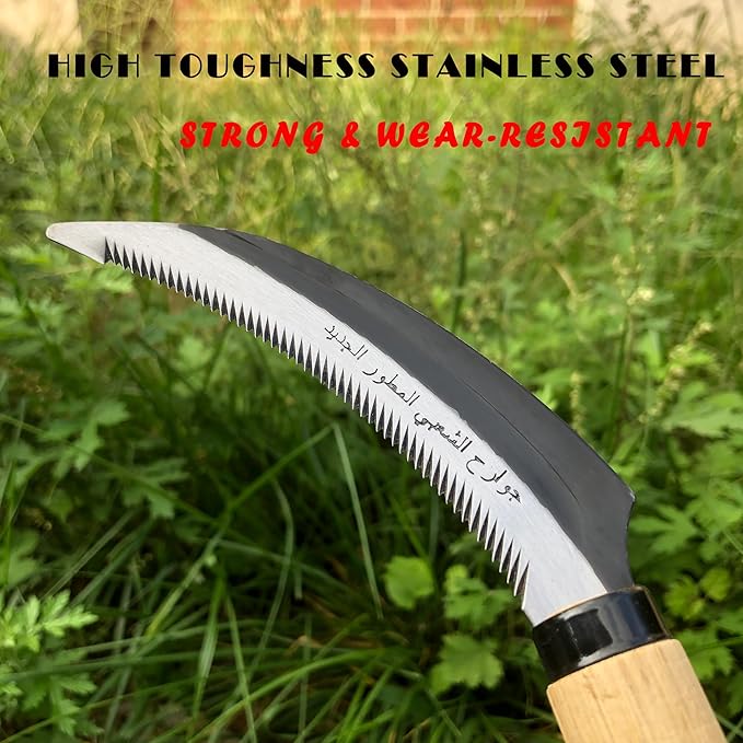 Grass Sickle with Sawtooth Japanese Weeding Hoe Weeding Tools for Garden High Toughness Stainless Steel with Hard Solid Wood Handle(Beige)
