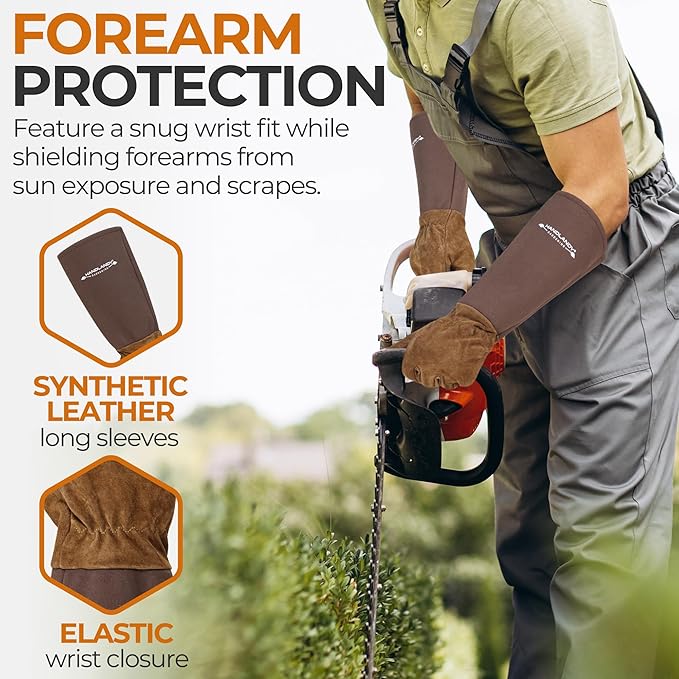 HANDLANDY Long Gardening Gloves for Men & Women, Pigskin Leather Rose Pruning Gloves- Breathable & Durable Gauntlet Glove (X-Large, Brown)
