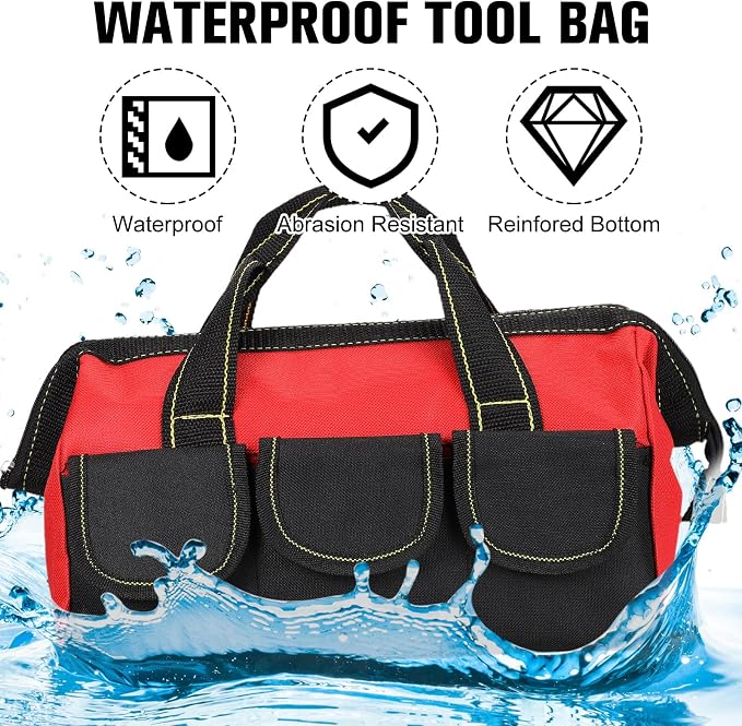 Sanwuta 3 Pack Tool Bag for Men with Waterproof Hard Bottom, Heavy Duty Tool Bag Wide Mouth Tote for Various Instrument, Electrician Carpenter Mechanic(Red,18 Inch,Classic)