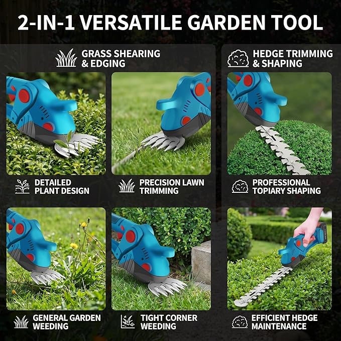 Cordless Grass Shears,2-in-1 Mini Hedge Trimmer,21V Handheld Grass Trimmer,Grass Trimmer with 2Pcs 1500mAh Batteries and Charger ＆Toolbox Electric Grass Shears for Garden, Lawn (Blue)