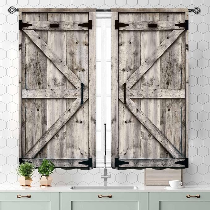 Barn Door Curtains, Farmhouse Rustic Gray Barn Door Country Cottage Western Barnwood Garage Blackout Window Treatments for Kitchen Living Room Bedroom Cafe, 55x39 Inch