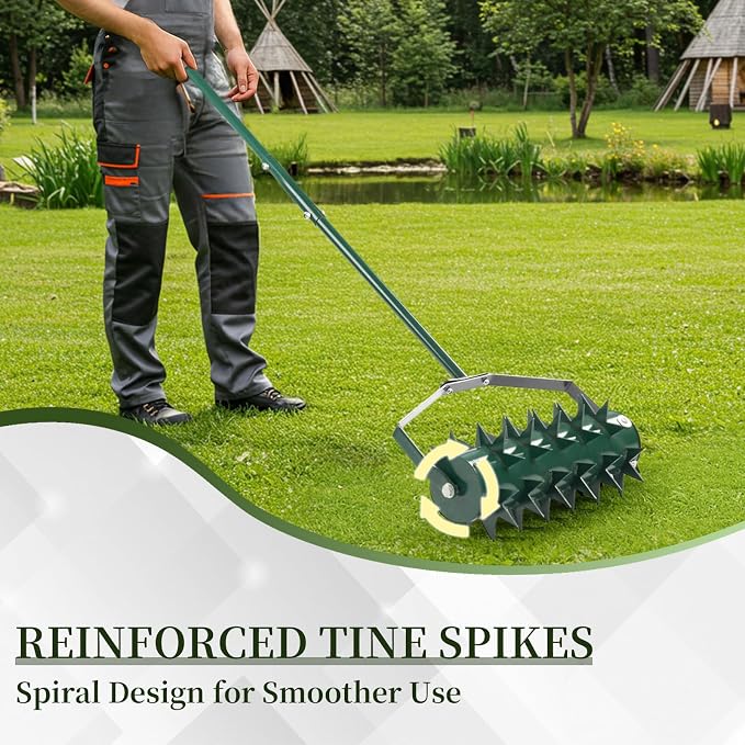 Rolling Lawn Aerator, Manual Lawn Aerators, Ergonomic Design, W-Shaped Blade, 15.75" Yard Aerator Roller with 3-Section Handle, Easy to Assemble, Heavy Duty Rotary Push Spike Aeration Tool, Green