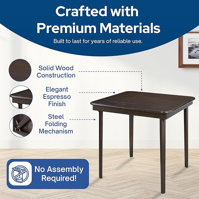 Stakmore Classic Straight Edge Wood Folding Table, 32" x 32" Surface with 3.375” Fold – Espresso Frame Portable Table for Easy Storage in Small Spaces, No Assembly Required