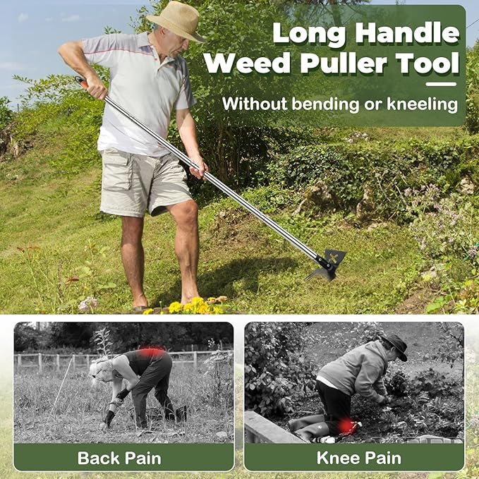 NICOFPHY Weed Puller Tool with Long Handle Pro, 2 in 1 Gardening Weeding Rake and Garden Hoe for Uprooting Grass Gardenia Dandelion, 57" Manual Weeder Weed Pulling Tool for Garden, Yard and Lawn