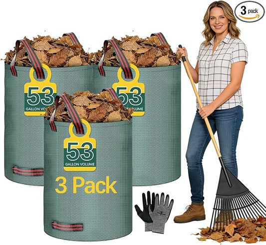3 Pack 53 Gallon lawn and leaf bags lawn bags Heavy duty reusable,Gardening gloves included,Cleaning fallen leaves, weeds, camping supplies or use for moving