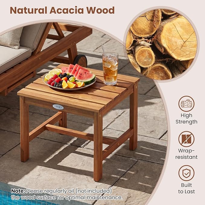 Tangkula Patio Acacia Wood Side Table, 17" Square End Table with Slatted Tabletop, Outdoor Wooden Accent Bistro Table for Backyard, Poolside, Garden, Porch, Indoor (Natural,1)